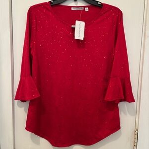 Notations: Women's 3/4 Ruffle Sleeve, Keyhole Blouse, Color: Red, Size: Small